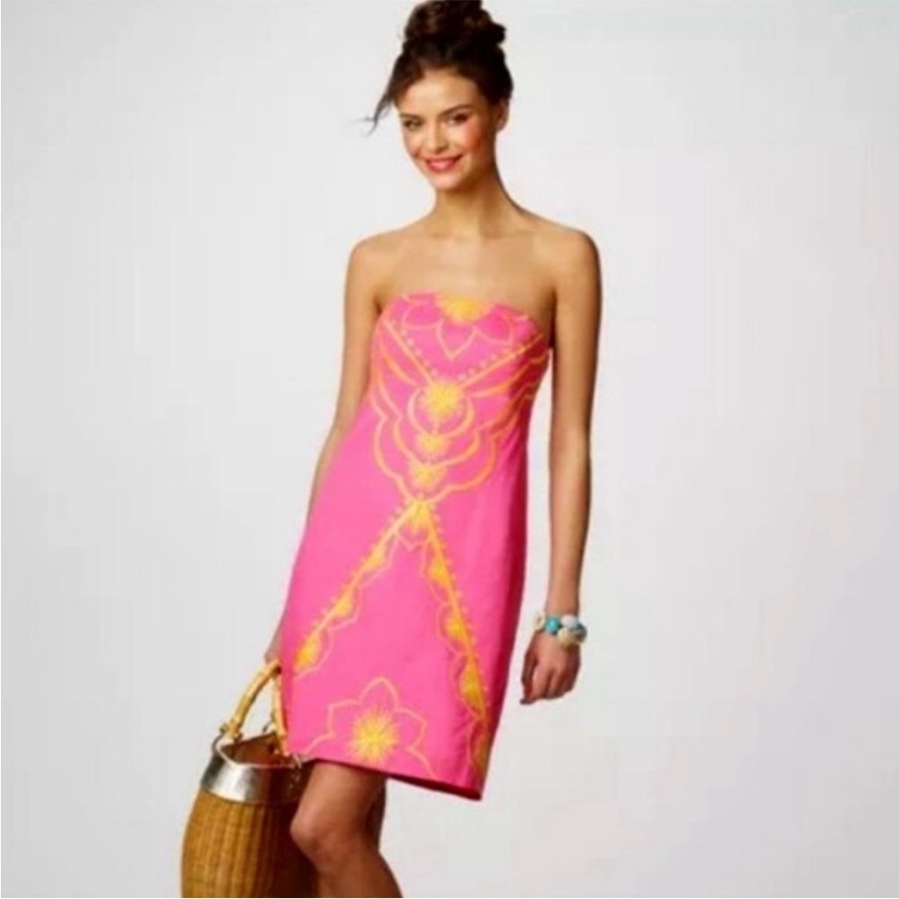 💗💕Lilly Pulitzer Pink & Yellow Bowen Embroidered Bumble Bee Strapless Dress 2💗💕